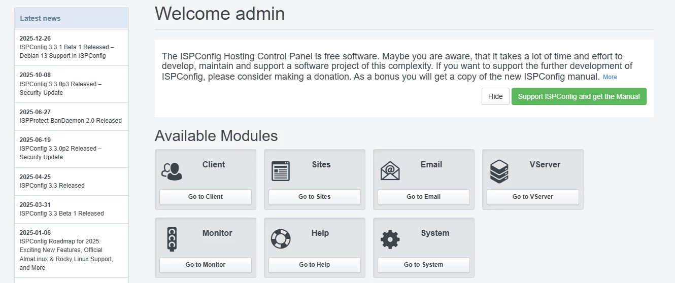 View of ISPConfig dashboard