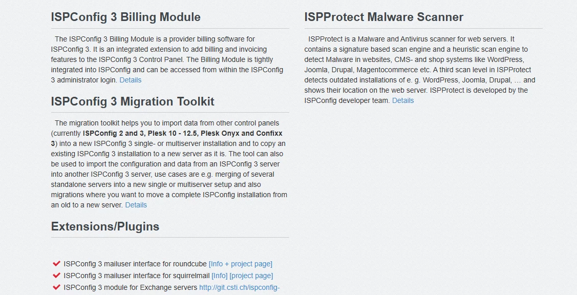 View of ISPConfig's add-ons