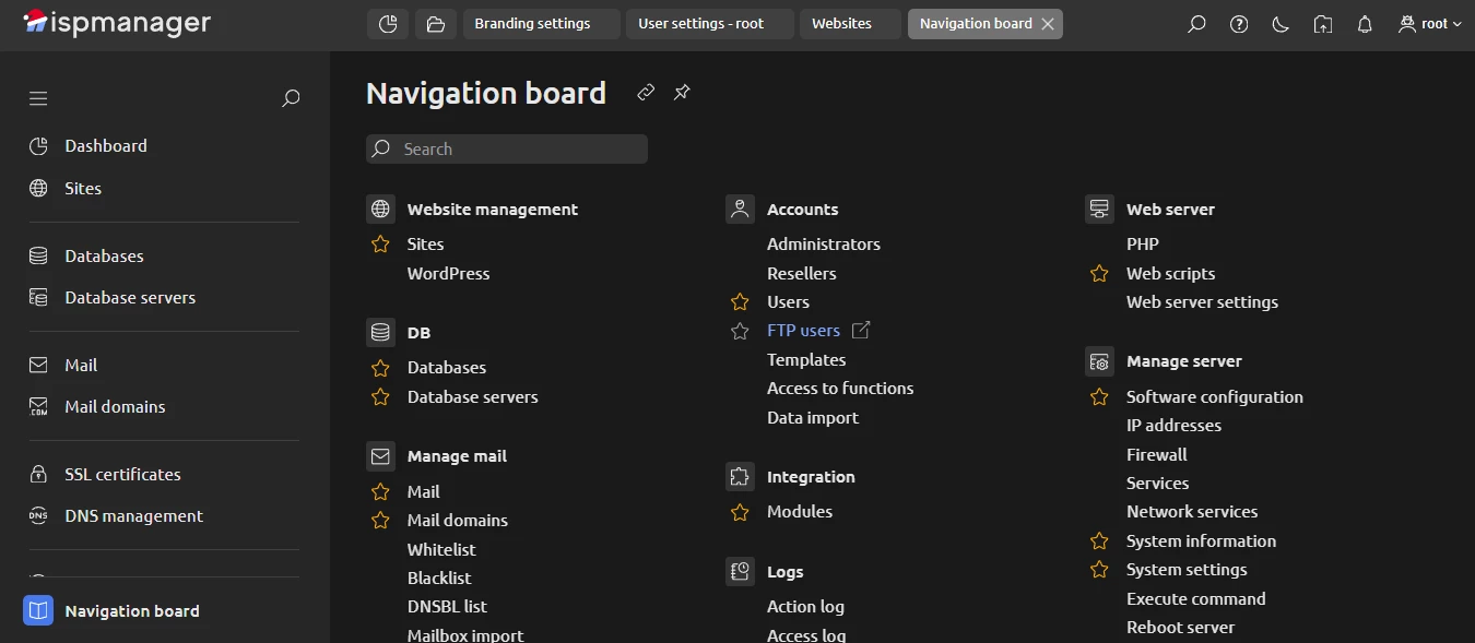 View of ispmanager Navigation board