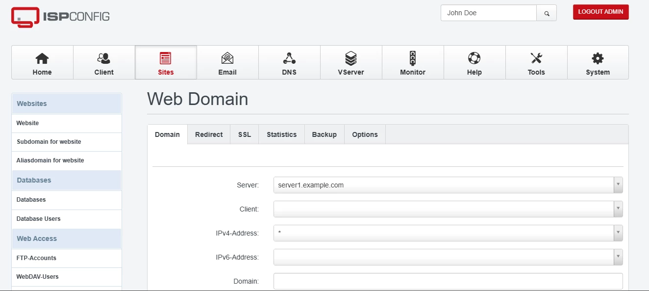 View of website setup in ISPConfig