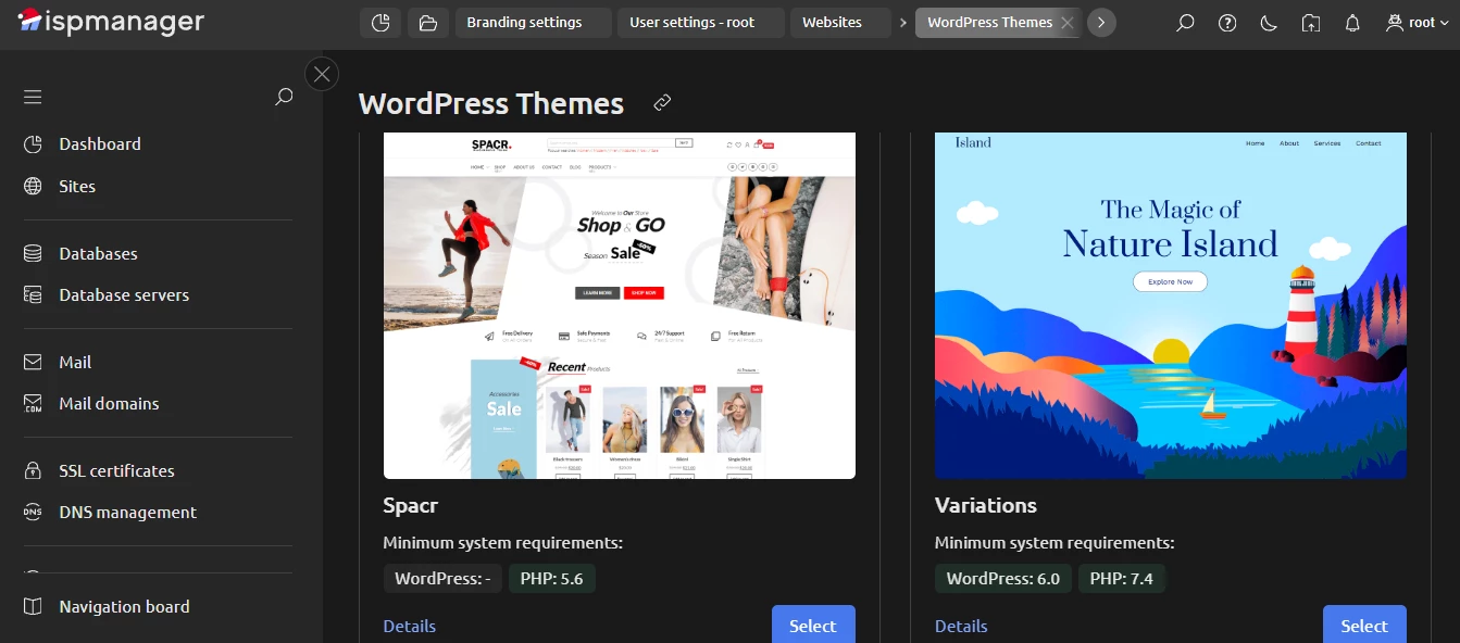 View of WordPress themes in ispmanager