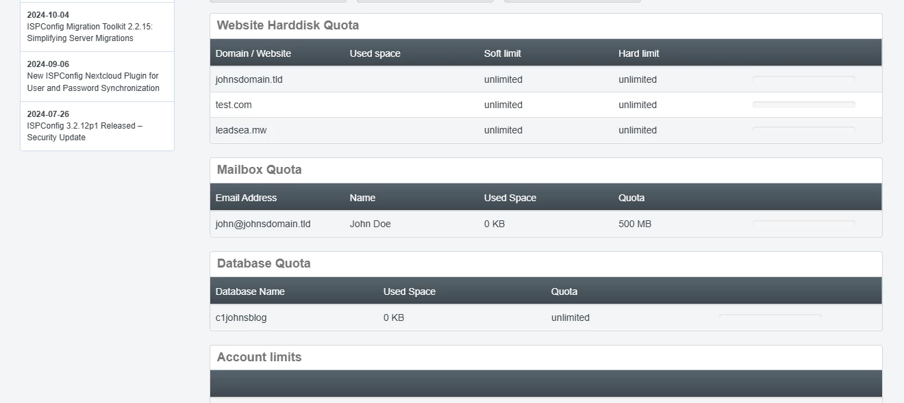 View of stats and limits in ISPConfig