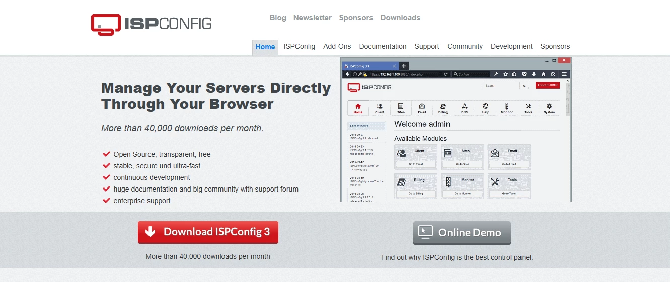 View of ISPConfig home page
