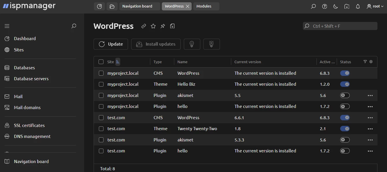 View of WordPress manager in ispmanager