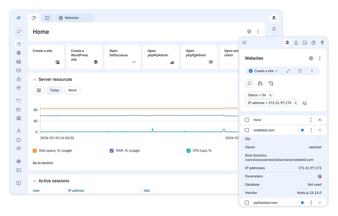 Phoenix theme in ispmanager on desktop and mobile devices