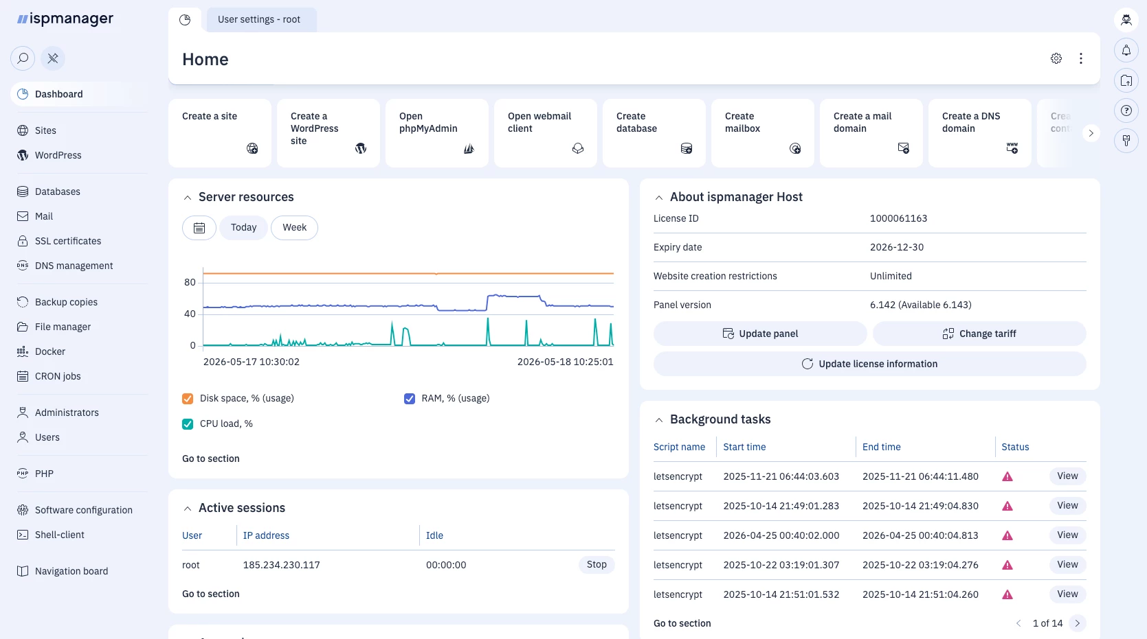 ispmanager host interface in the new Phoenix theme